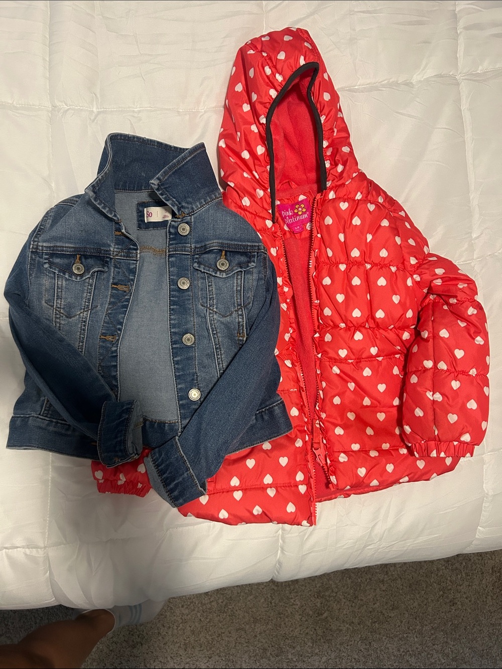 2 jackets deal Red Heart-Print Puffer Jacket with Denim Jean Jacket